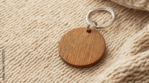 Round wooden keychain mockup with a business logo embossed, set on a textured surface, warm and tactile