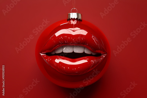 3D Christmas Tree Ornament in the Shape of Glossy Smiling Red Lips