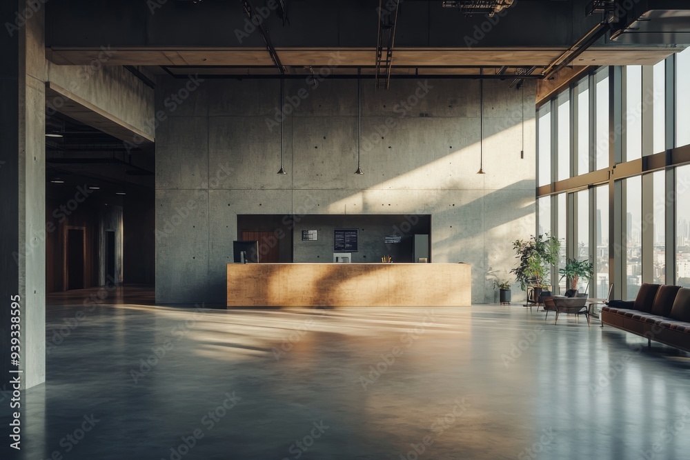 sleek and modern office with a minimalist aesthetic, featuring a large open area with concrete walls, high ceilings, and a wall of windows that bring in natural light sleek and modern office with a minimalist aesthetic, featuring a large open area with concrete walls, high ceilings, and a wall of windows that bring in natural light
