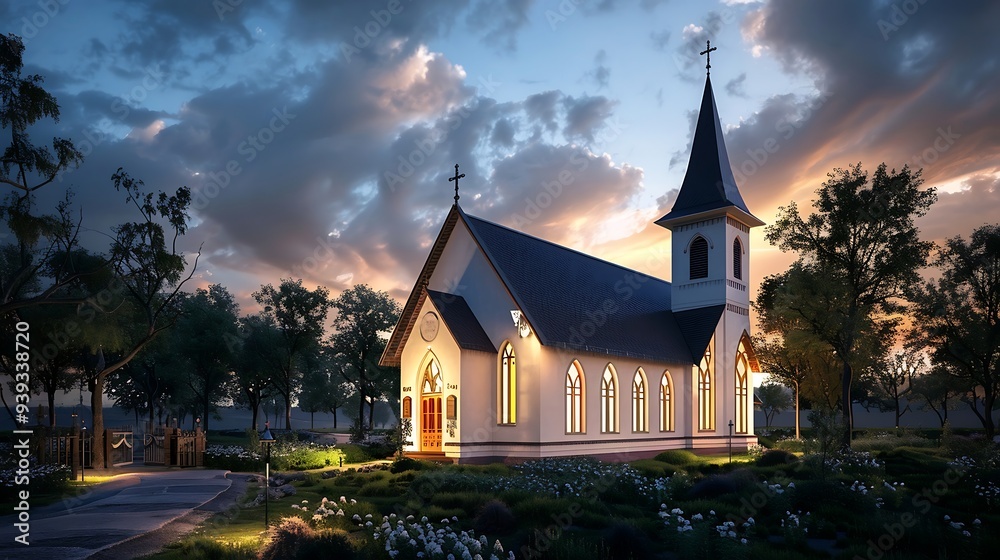 Fototapeta premium Old church in the city park in the evening