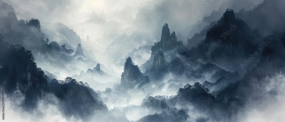 Mountain landscape paintings with mist Mountain landscape paintings with mist