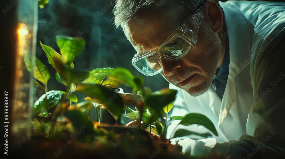 Scientist closely observing plant growth in laboratory environment. Scientist closely observing plant growth in laboratory environment.
