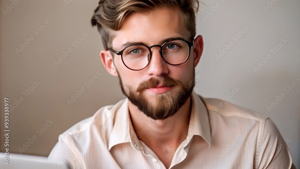 Portrait of a handsome hipster guy with a beard, glasses and a light shirt, photographer, designer, freelancer, programmer at light background Portrait of a handsome hipster guy with a beard, glasses and a light shirt, photographer, designer, freelancer, programmer at light background