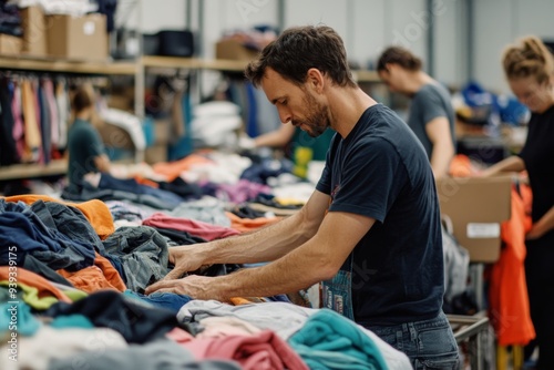 volunteers sorting through donated clothes at a charity organization photo