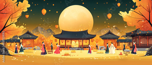 A flat vector illustration of a 추석 (Chuseok) celebration, full moon in the background, traditional Korean elements like lanterns and rice offerings, hanbok-clad figures, autumn landscape with golden photo