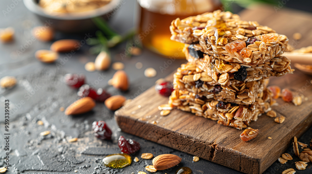 homemade granola bars with oats, nuts, and dried fruit, stacked neatly on a wooden board with a drizzle of honey over them, placed on a kitchen counter with fresh ingredients around homemade granola bars with oats, nuts, and dried fruit, stacked neatly on a wooden board with a drizzle of honey over them, placed on a kitchen counter with fresh ingredients around