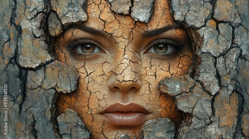 abstract portrait merging human face with tree bark texture bold brush strokes earthy color palette deep emotional expression organic forms photo