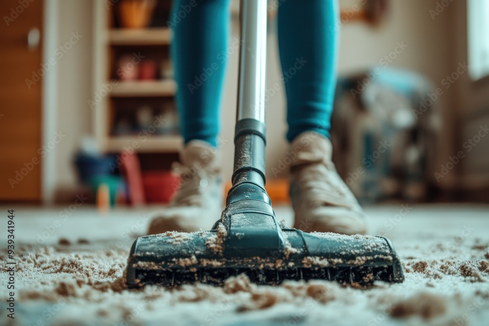 Close-up view of a vacuum cleaner head on a carpet, showing the detailed textures of the carpet fibers and the vacuum in action capturing dirt and debris. Close-up view of a vacuum cleaner head on a carpet, showing the detailed textures of the carpet fibers and the vacuum in action capturing dirt and debris.