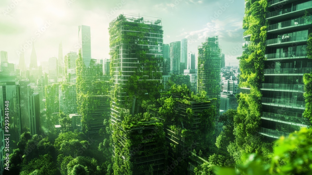 Obraz premium Futuristic green cityscape with tall skyscrapers covered in lush vegetation under a bright, hazy sky symbolizing urban sustainability and ecology.