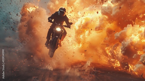 Man rides away from exploding bike in a dramatic action movie scene.