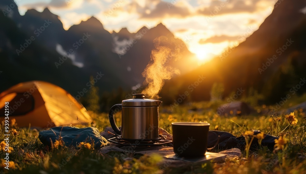 Steaming cup of coffee at sunrise in front of a tent and mountains. Steaming cup of coffee at sunrise in front of a tent and mountains.