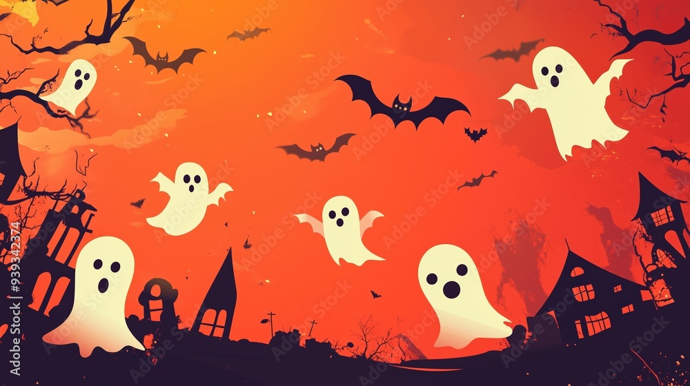 Cute Adorable Ghosts and Bats, Jack-o-Lantern, Halloween Illustration for Kids Cute Adorable Ghosts and Bats, Jack-o-Lantern, Halloween Illustration for Kids