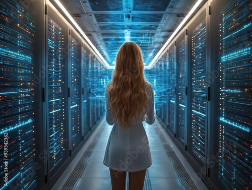 woman navigating holographic interface in hightech server room data streams flowing around her