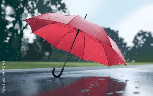 Red umbrella with raindrops concept of rainy day blurred nature background