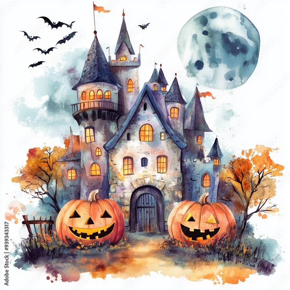 Fototapeta premium Ancient castle with bats and jack-o-lantern, children's illustration for Halloween
