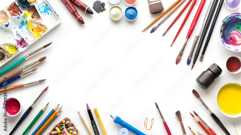 a white art paper surface with paint brushes and colorful paint splatters background. a white art paper surface with paint brushes and colorful paint splatters background.