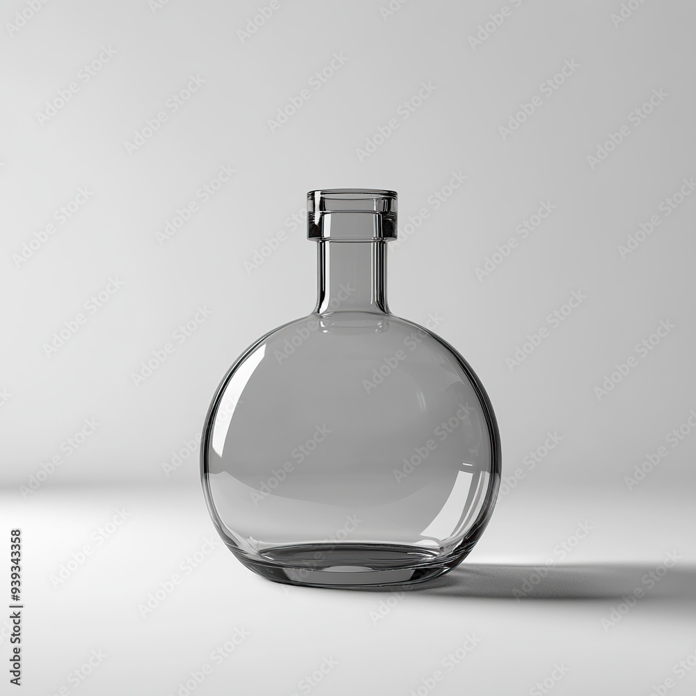 Empty clear glass bottle with round body and a cylindrical neck on a white background. Empty clear glass bottle with round body and a cylindrical neck on a white background.