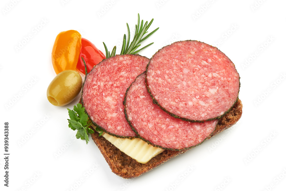 Peppered salami slices, isolated on white background. Peppered salami slices, isolated on white background.
