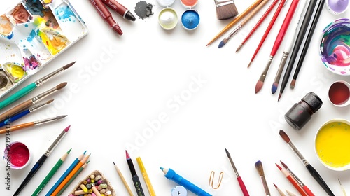 a white art paper surface with paint brushes and colorful paint splatters background.