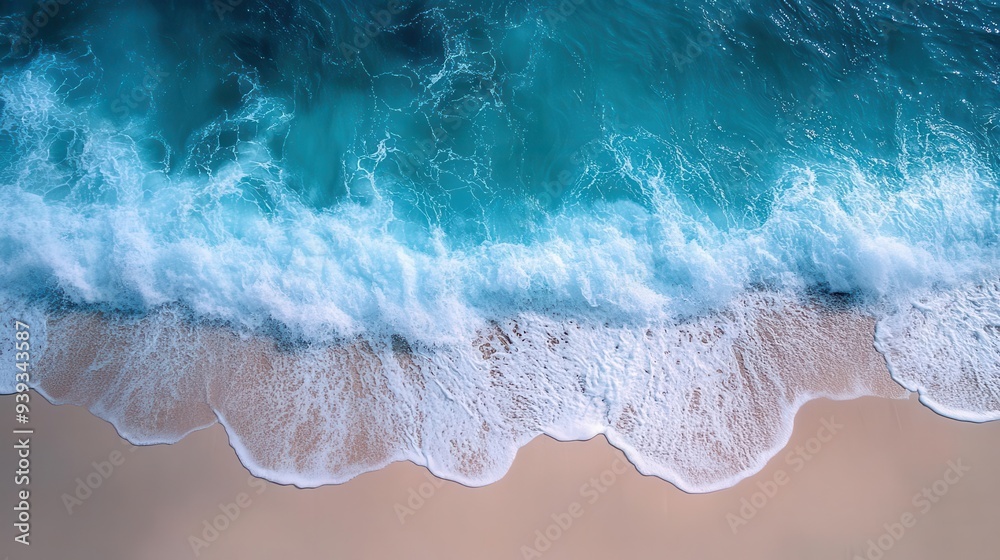 aerial view of turquoise waves crashing on pristine white sand beach mesmerizing patterns of foam and water create abstract natural art aerial view of turquoise waves crashing on pristine white sand beach mesmerizing patterns of foam and water create abstract natural art