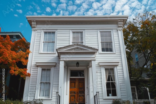 A historic white wooden house characterized by ornate details and symmetrical windows, located in a picturesque neighborhood with autumnal foliage in the background. photo