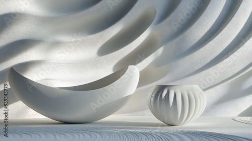 42. Modern abstract 3D render with dynamic geometric forms and a circular ceramic background