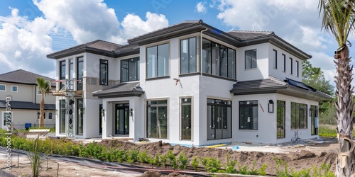 A newly constructed stylish suburban home featuring vast windows, two stories, and a yard under development, showcasing the potential for personalized landscaping.