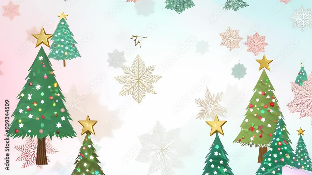Festive illustration of decorated Christmas trees and snowflakes on a pastel-colored background Festive illustration of decorated Christmas trees and snowflakes on a pastel-colored background