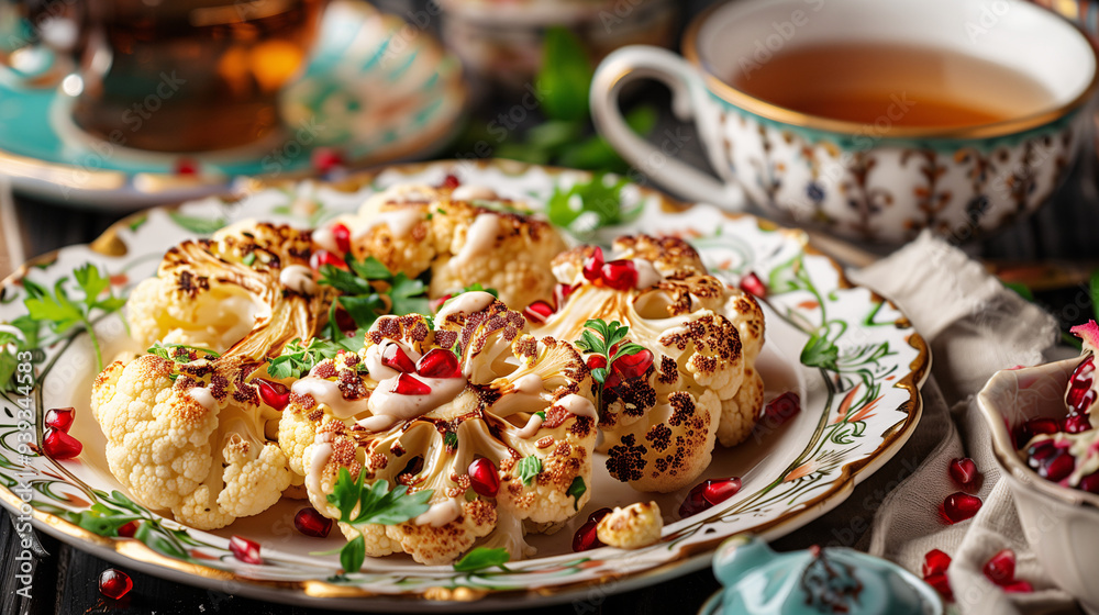 a plate of roasted cauliflower steaks, drizzled with a tahini sauce and garnished with pomegranate seeds, served with a side of herbal tea in a delicate teacup a plate of roasted cauliflower steaks, drizzled with a tahini sauce and garnished with pomegranate seeds, served with a side of herbal tea in a delicate teacup