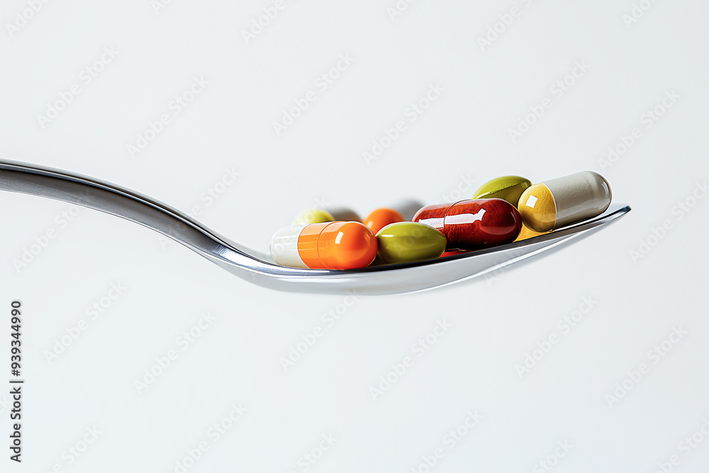 Fototapeta premium A fork holds a variety of colorful pills against a white background.