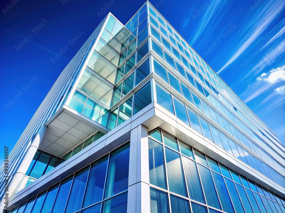 Modern white and blue glass wall of a sleek building stands out against a bright clear blue sky, with copy space, conveying luxury and sophistication.