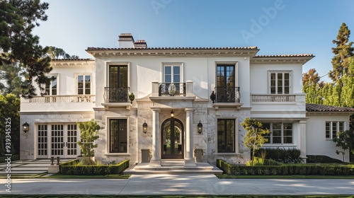 An elegant Mediterranean-style mansion featuring a pristine white façade and a lush garden, epitomizing luxury and comfort, with classic architectural details and expansive space.