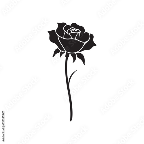 A delicate rose silhouette with smooth, flowing lines captures the elegance of a fully bloomed flower, featuring intricate petals and a slender stem.
