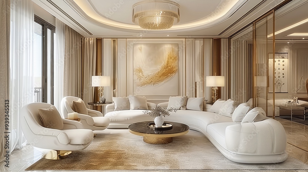 Interior design for living room in luxury style, beige color with white and gold elements, modern furniture, glass doors, large sofa, armchair and coffee table near it. Generative AI. Interior design for living room in luxury style, beige color with white and gold elements, modern furniture, glass doors, large sofa, armchair and coffee table near it. Generative AI.