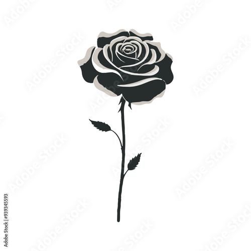 A delicate rose silhouette with smooth, flowing lines captures the elegance of a fully bloomed flower, featuring intricate petals and a slender stem.
