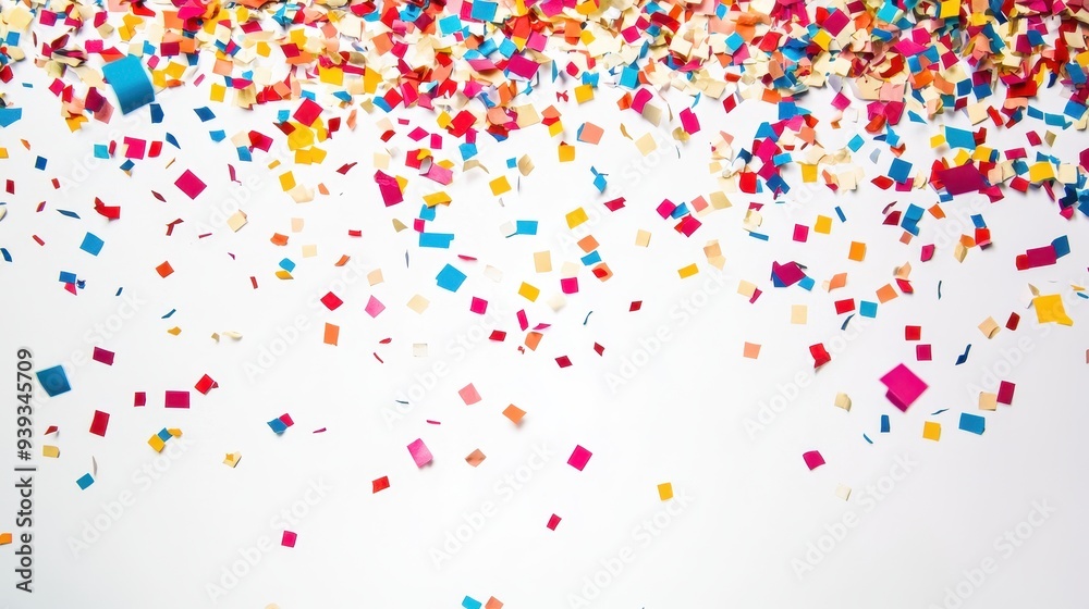 Colorful confetti scattered on a white background, creating a festive atmosphere. Colorful confetti scattered on a white background, creating a festive atmosphere.