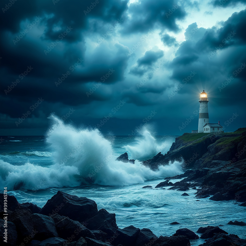 Stormy Seas Crashing Against Rocky Shoreline Near a Lighthouse Stormy Seas Crashing Against Rocky Shoreline Near a Lighthouse