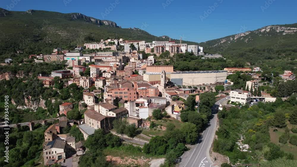 Forward reveal aerial shot of La Riba town on sunny summer day. Tarragona, Catalonia, Spain. Forward reveal aerial shot of La Riba town on sunny summer day. Tarragona, Catalonia, Spain.