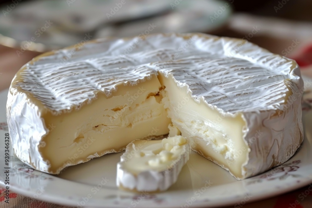 Sliced brie cheese wheel is ready to be served Sliced brie cheese wheel is ready to be served