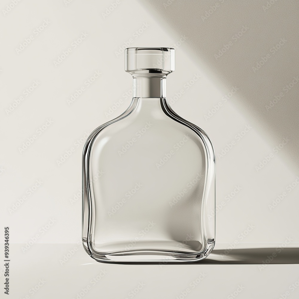 Empty clear glass bottle with a silver top on a white table with a white background and a shadow. Empty clear glass bottle with a silver top on a white table with a white background and a shadow.