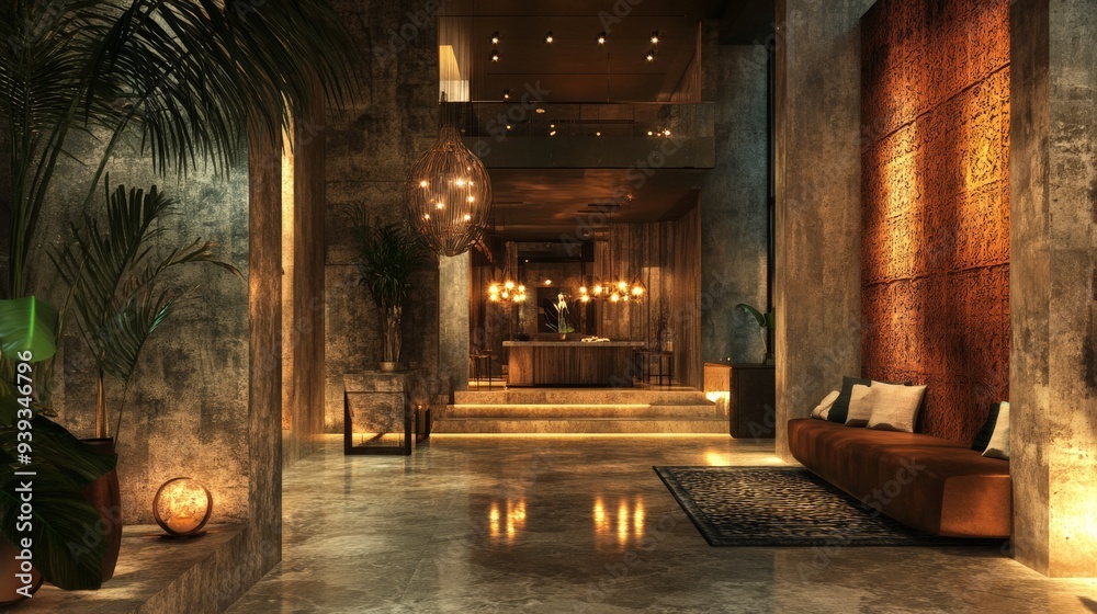 Naklejka premium Luxurious modern hotel lobby interior with warm lighting, lush decor, and elegant design elements creating an inviting atmosphere.