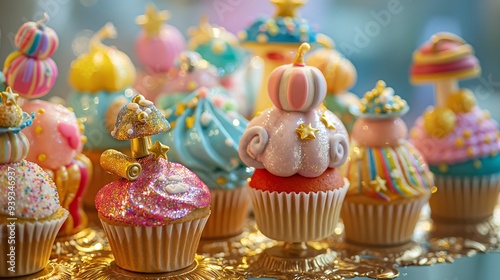 A playful arrangements of cupcakes decorated with edible glitter and miniature fondant figurines, appealing to both children and adults.