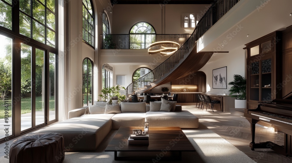 Luxurious modern living room with large windows, elegant decor, and natural light. Features a curved staircase and stylish furniture. Luxurious modern living room with large windows, elegant decor, and natural light. Features a curved staircase and stylish furniture.