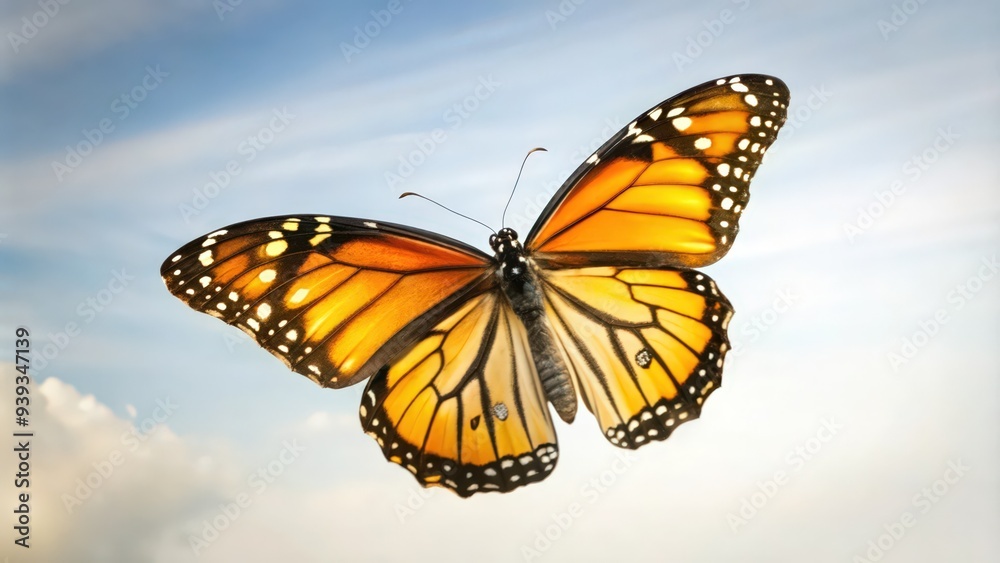 Fototapeta premium Monarch Butterfly in Flight Against a Cloudy Sky