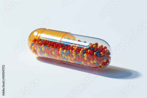 A single capsule pill filled with colorful microbeads.  The capsule is orange and clear, with a white background.