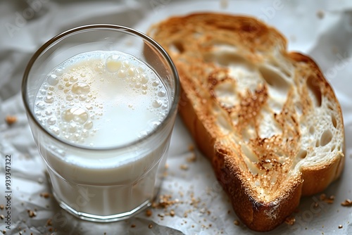 A glass of milk with toast. A glass of milk and a piece of toast on a white background.