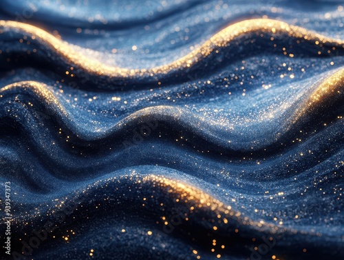 abstract digital artwork featuring swirling patterns of deep blue and shimmering gold particles dynamic composition creates a sense of depth and movement in a cosmicinspired design photo