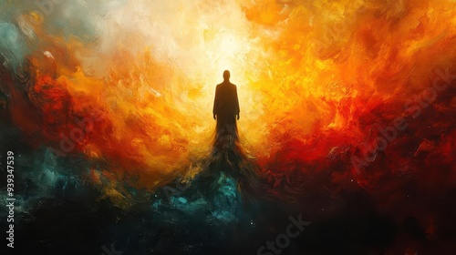 ascension reimagined stylized silhouette of spiritual figure rising through layers of vibrant abstract celestial realms modern interpretation blending faith and contemporary art photo