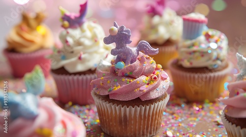 A playful arrangements of cupcakes decorated with edible glitter and miniature fondant figurines, appealing to both children and adults.
