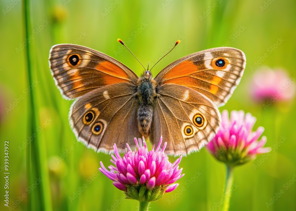 Delicate Ringlet butterfly with brown and orange wings perches on a soft pink flower in a lush green meadow in Zurich, Switzerland's serene natural surroundings. Delicate Ringlet butterfly with brown and orange wings perches on a soft pink flower in a lush green meadow in Zurich, Switzerland's serene natural surroundings.